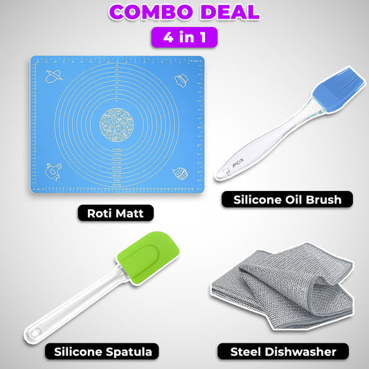 4-in-1 Master Kitchen Pack: Silicone Roti Matt, Spatula, Oil Brush, Steel Cloth