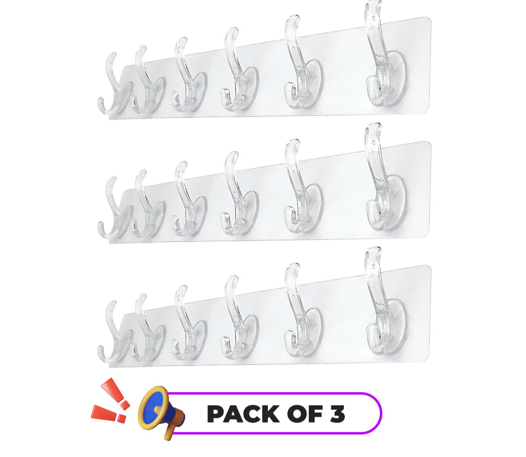 Transparent Wall Adhesive Hooks Row - Pack of 3