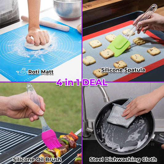 4-in-1 Master Kitchen Pack: Silicone Roti Matt, Spatula, Oil Brush, Steel Cloth