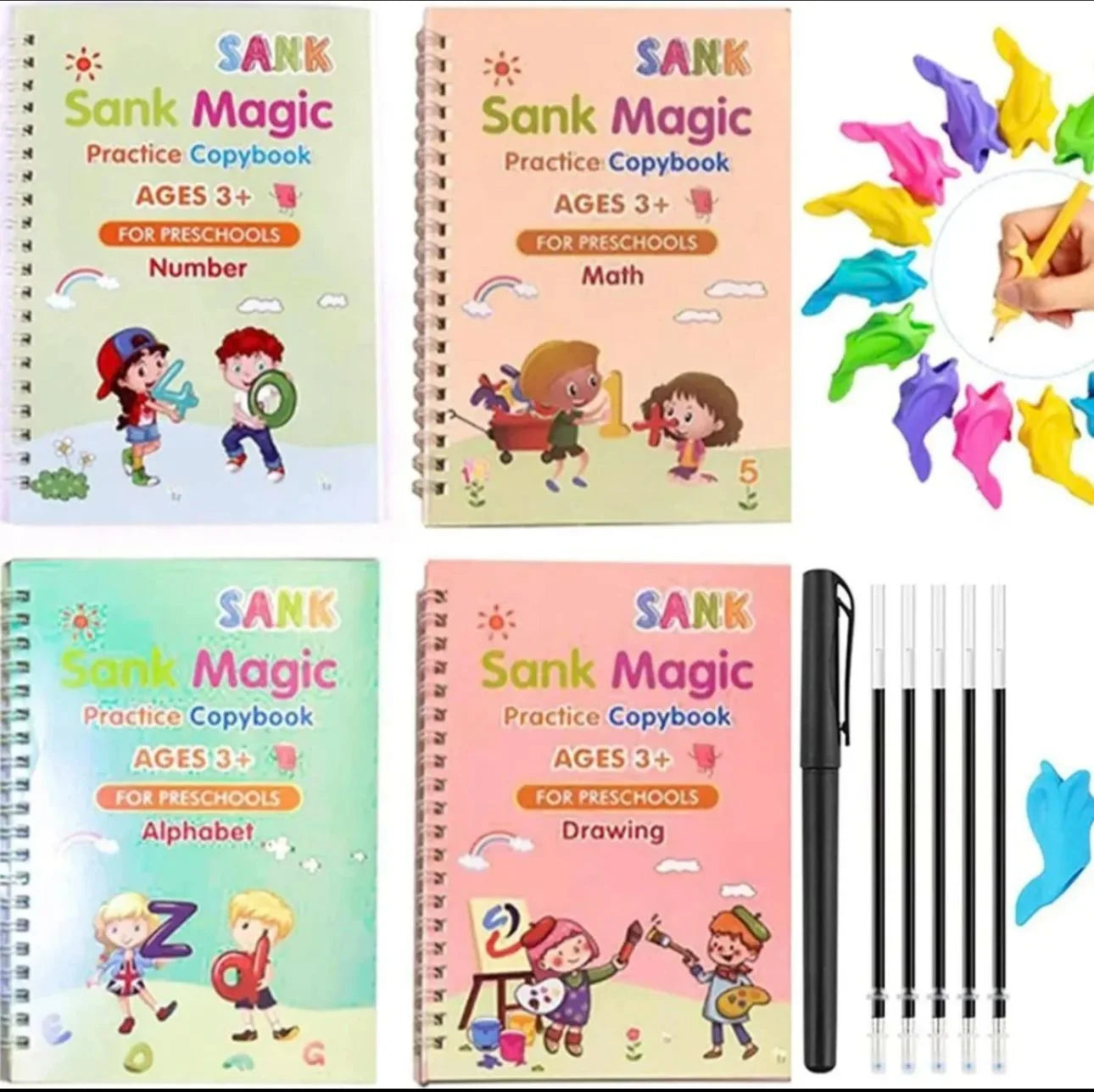 Sank Magic Practice Copybook – 4 Books Set + Magic Pen + 10 Ink Refills